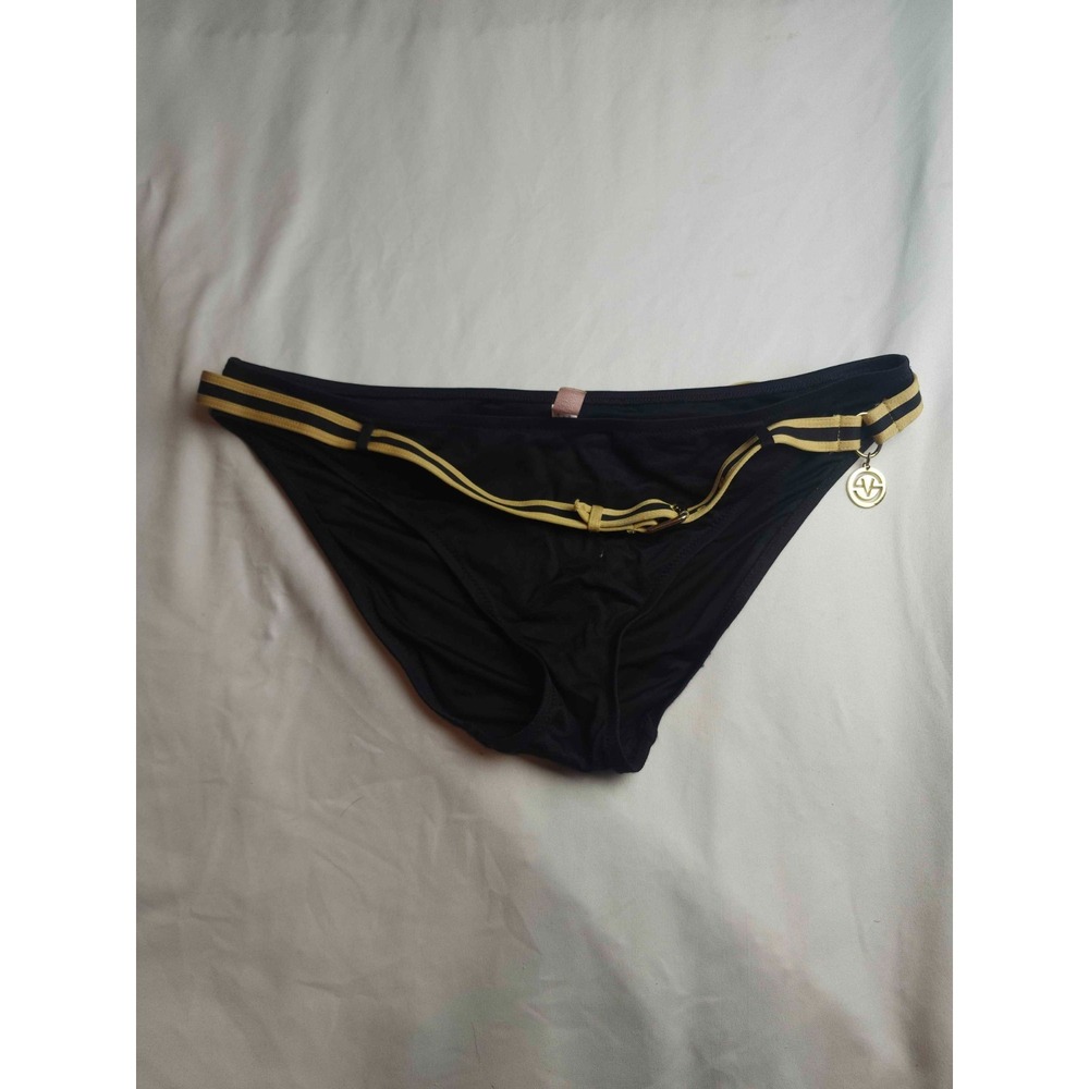 Victoria's Secret Bikini Bottom Womens Large Black Knit Gold Trim Beach Summer